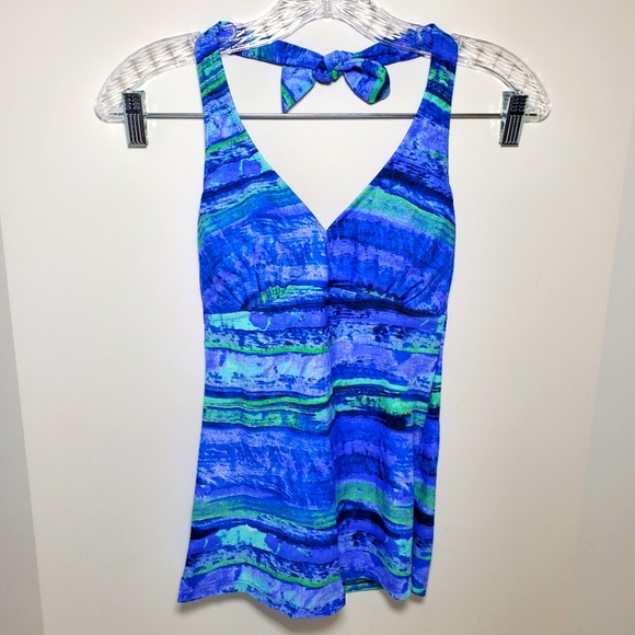 Gottex Blue Halter Tankini Swim Top Multi Watercolor Print Soft Cup - Picture 1 of 7